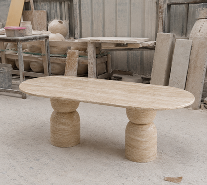 Handmade Travertine Oval Dining Table, Sculptural Pedestal Base, Organic Stone Furniture