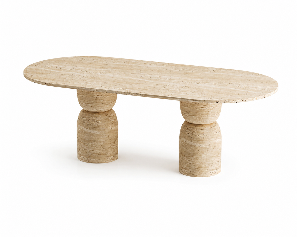 Handmade Travertine Oval Dining Table, Sculptural Pedestal Base, Organic Stone Furniture