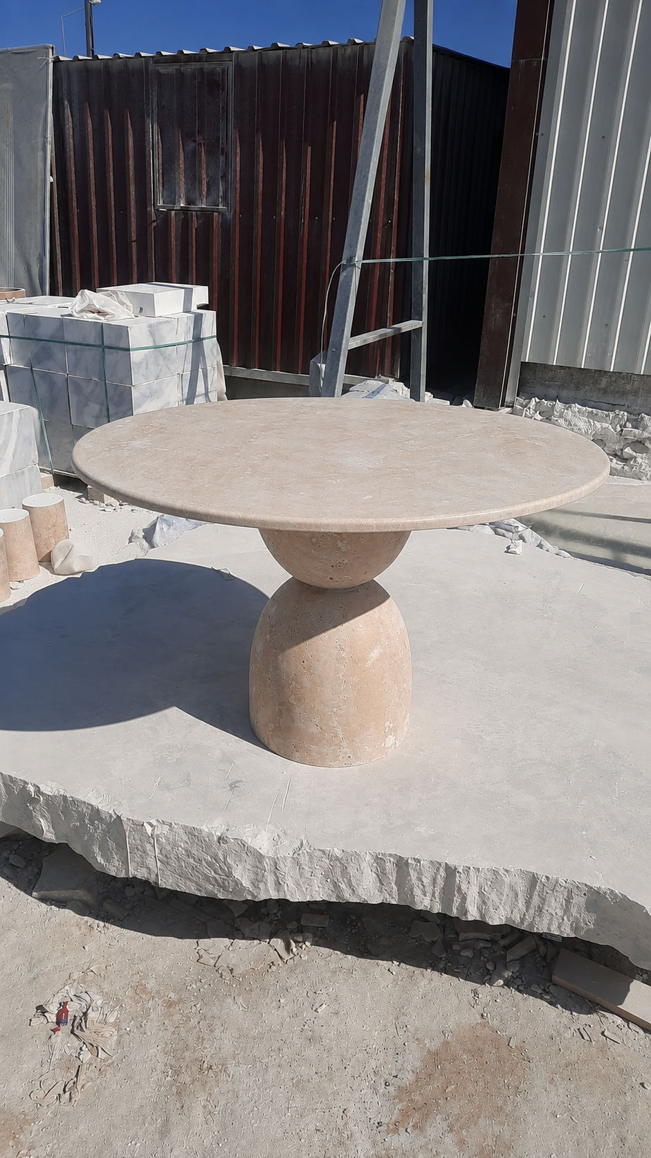 Handmade Round Travertine Dining Table | Sculptural Pedestal Base, Modern Furniture