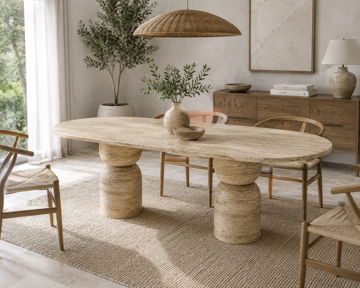Handmade Travertine Oval Dining Table, Sculptural Pedestal Base, Organic Stone Furniture