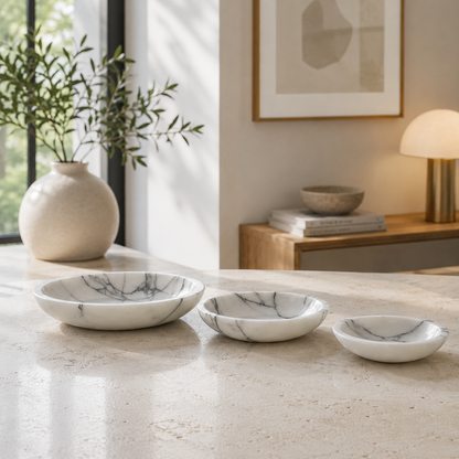 Marble Plate Set of 3, Handmade Natural Stone Serving Plates, Round Marble Dinnerware, Luxury Tableware, Decorative Stone Plates