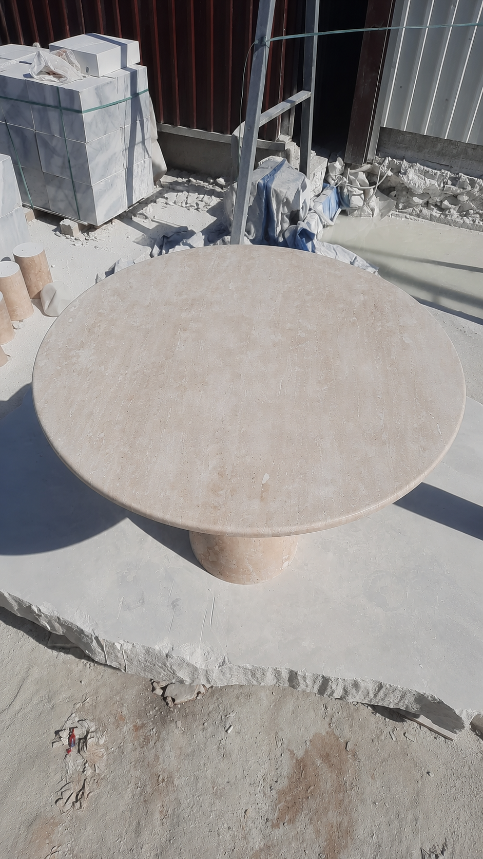 Handmade Round Travertine Dining Table | Sculptural Pedestal Base, Modern Furniture