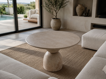Handmade Round Travertine Dining Table | Sculptural Pedestal Base, Modern Furniture