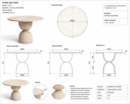 Handmade Round Travertine Dining Table | Sculptural Pedestal Base, Modern Furniture