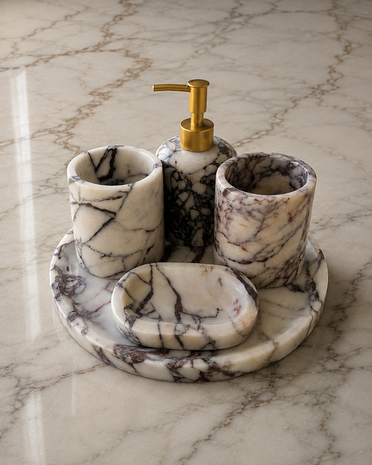 Calacatta Viola Marble Bathroom Accessories Set | Soap Dispenser, Toothbrush Holder, Soap Dish & Vanity Tray | Luxury Bathroom Decor