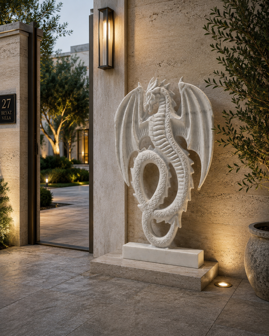 Hand Carved Marble Dragon Statue | Large Natural Stone Dragon Sculpture | Fantasy Gothic Home Decor | Handmade Marble Art | 39" Tall