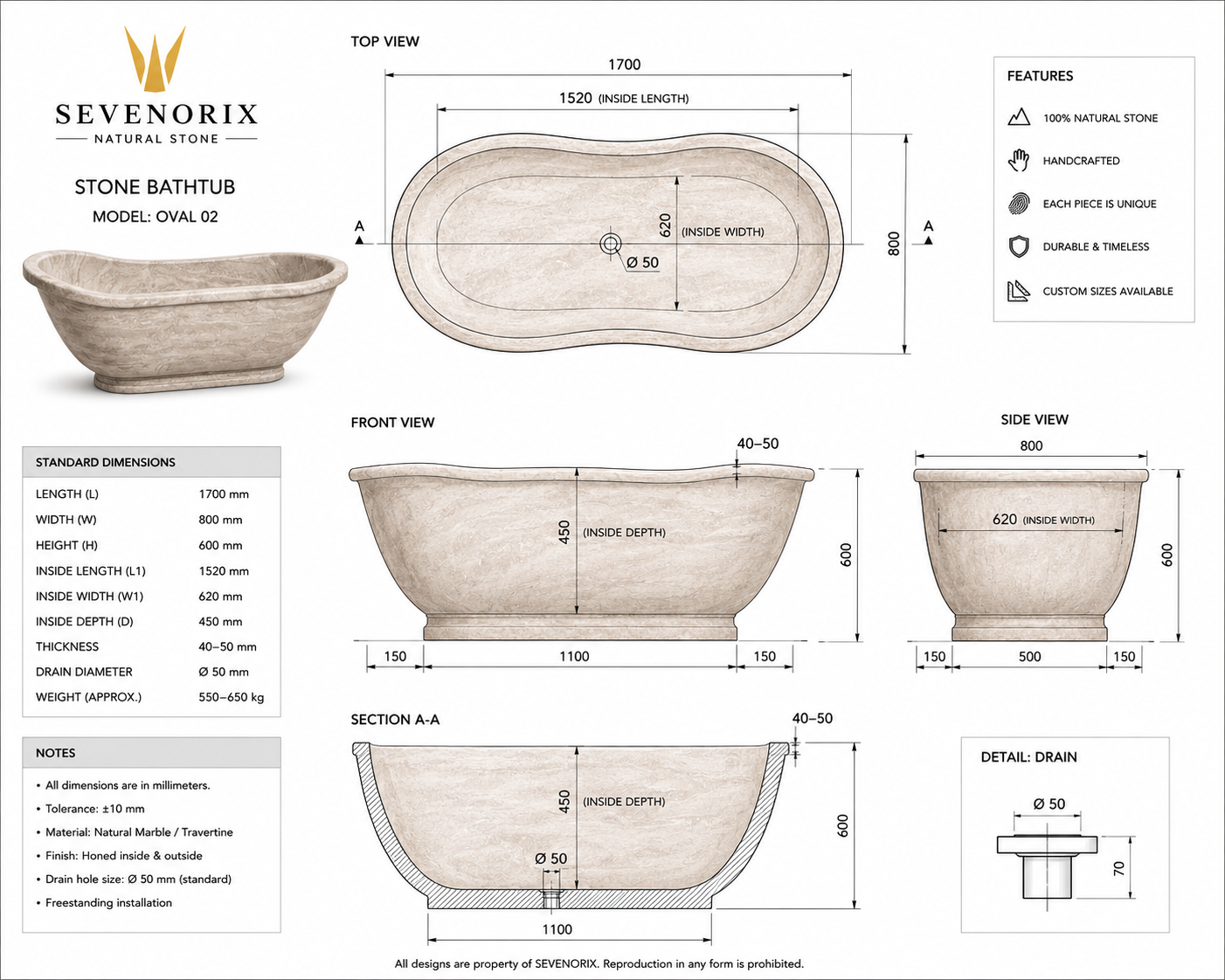 Handmade Beige Marble Bathtub | Natural Stone Freestanding Soaking Bath