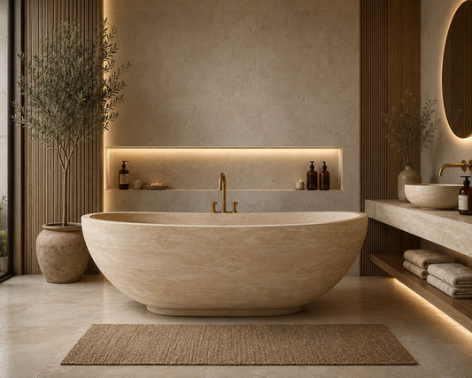 Handcrafted Travertine Freestanding Bathtub, Luxury Natural Stone Spa Tub