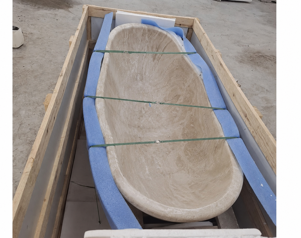 Handmade Fluted Travertine Bathtub | Natural Stone Freestanding Luxury Bath