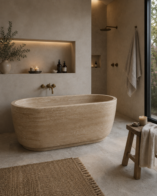 Handcrafted Natural Travertine Freestanding Bathtub | Luxury Beige Stone Soaking Bath
