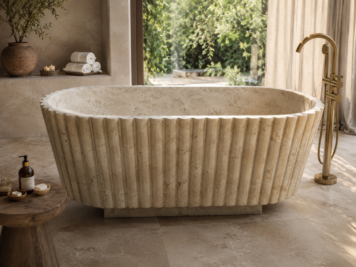 Handmade Fluted Travertine Bathtub | Natural Stone Freestanding Luxury Bath