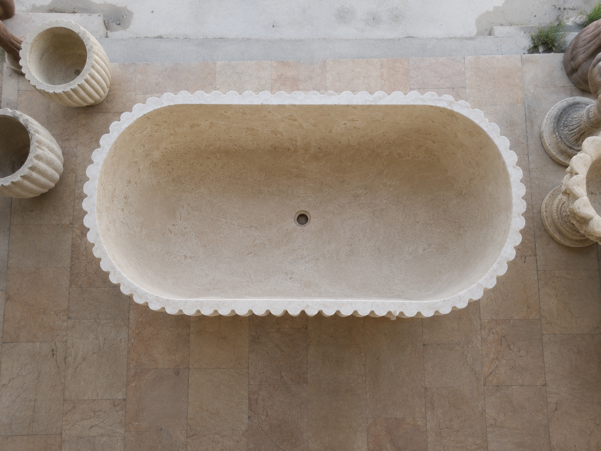 Handmade Fluted Travertine Bathtub | Natural Stone Freestanding Luxury Bath