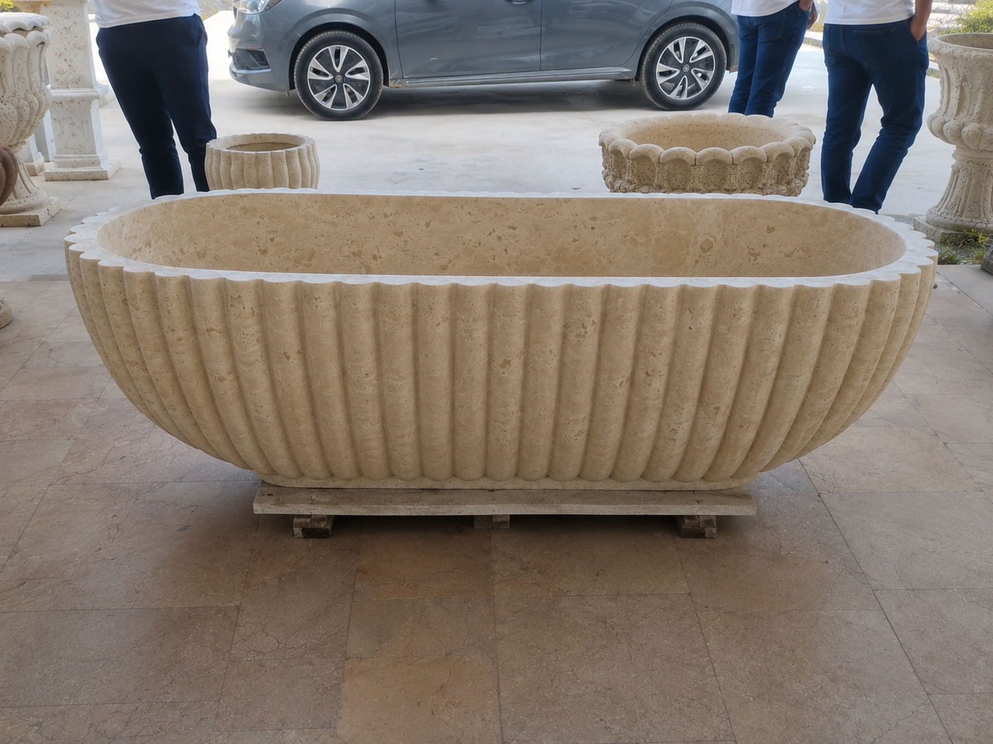 Handmade Fluted Travertine Bathtub | Natural Stone Freestanding Luxury Bath