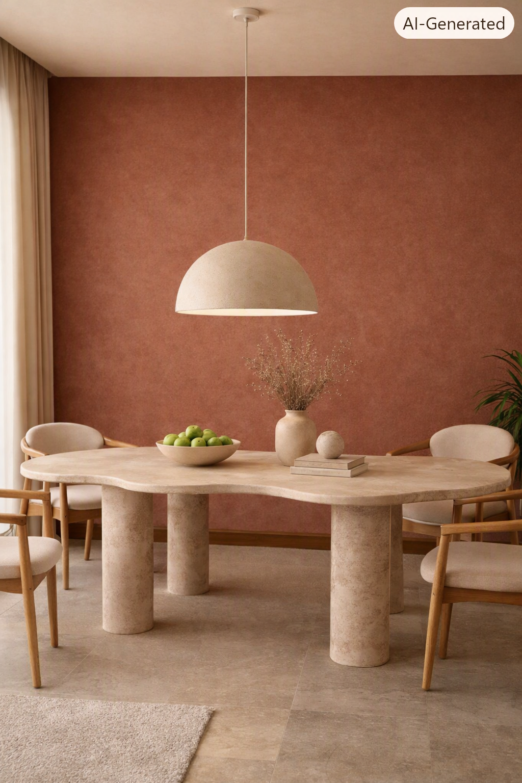 Beige Travertine Dining Table, Organic Modern Stone, Sculptural Pedestals, Custom Furniture