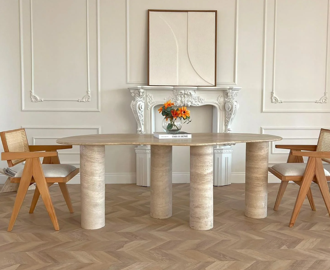 Beige Travertine Dining Table, Organic Modern Stone, Sculptural Pedestals, Custom Furniture
