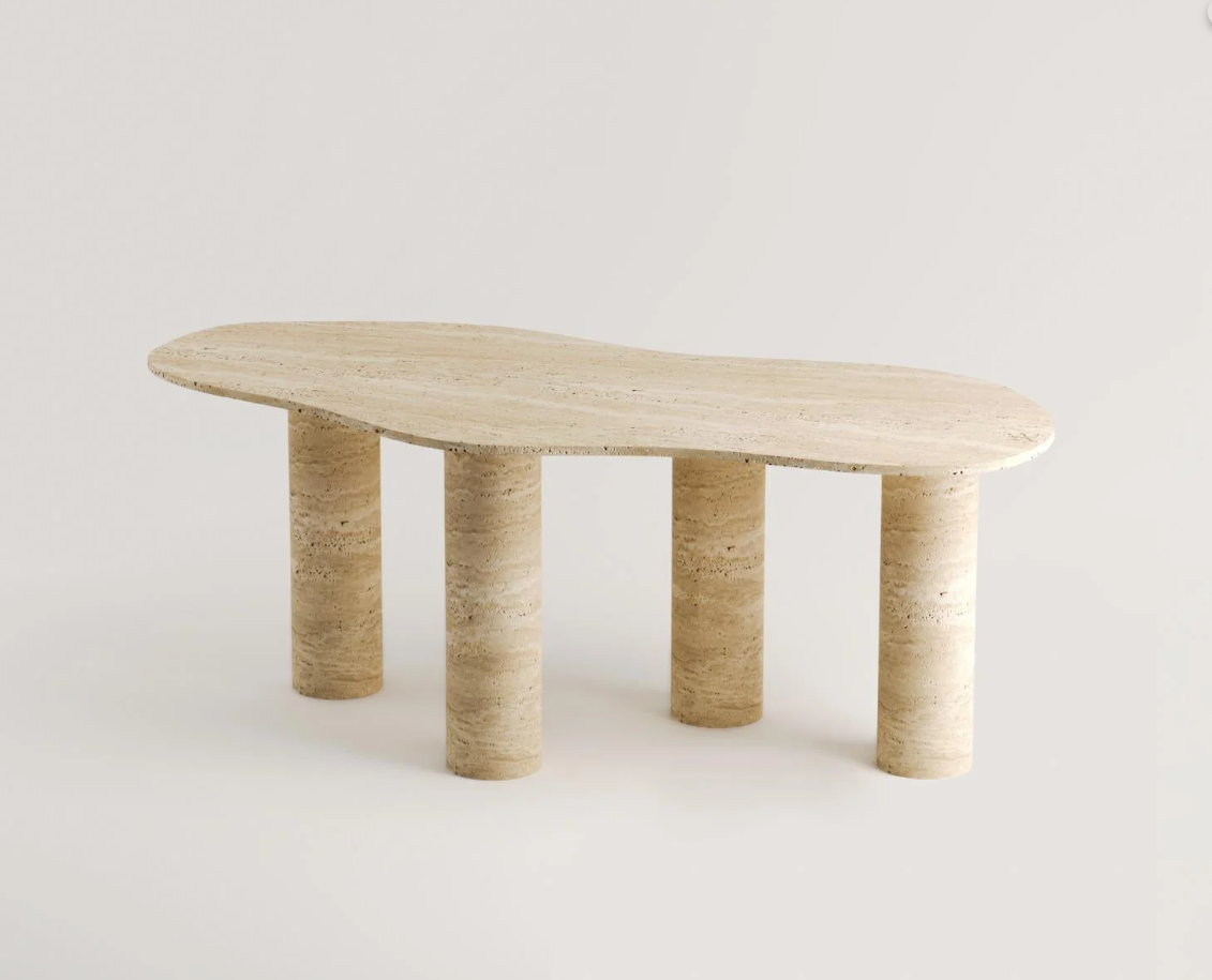 Beige Travertine Dining Table, Organic Modern Stone, Sculptural Pedestals, Custom Furniture