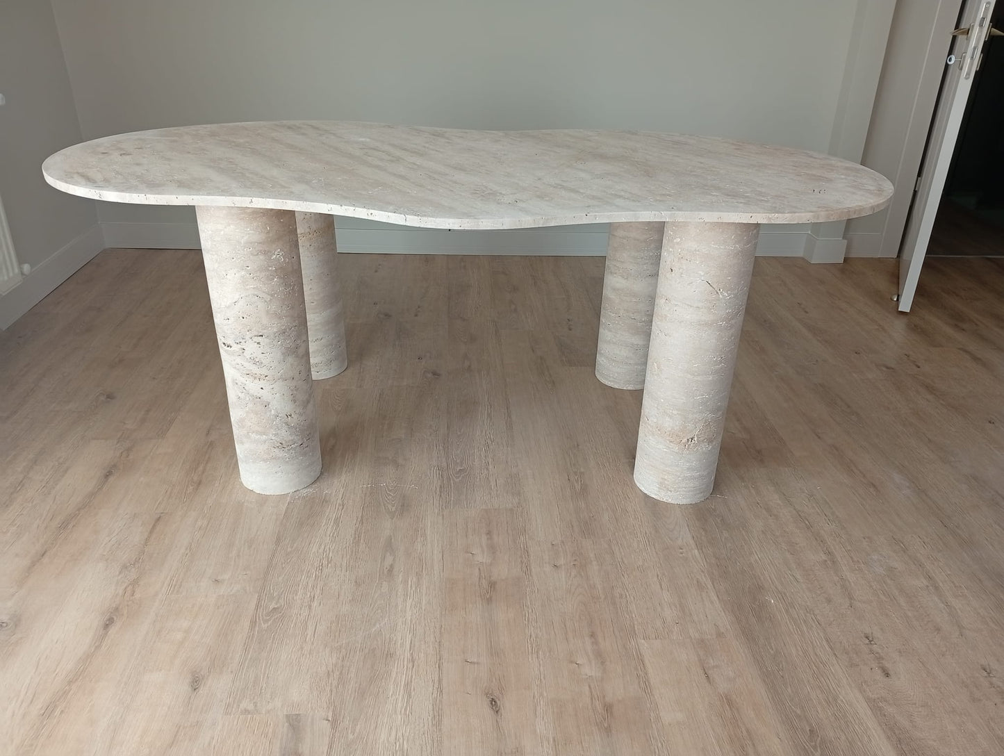 Beige Travertine Dining Table, Organic Modern Stone, Sculptural Pedestals, Custom Furniture