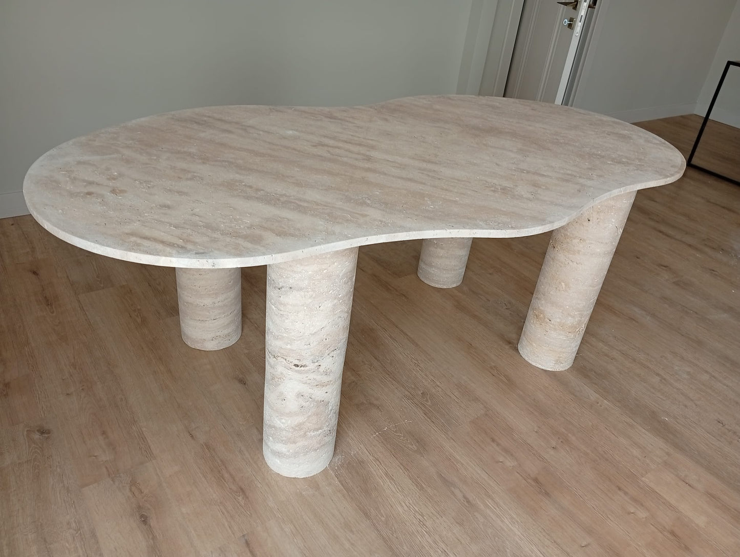 Beige Travertine Dining Table, Organic Modern Stone, Sculptural Pedestals, Custom Furniture