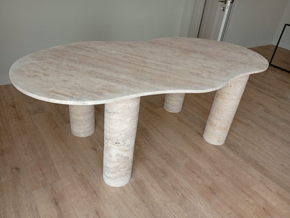 Beige Travertine Dining Table, Organic Modern Stone, Sculptural Pedestals, Custom Furniture