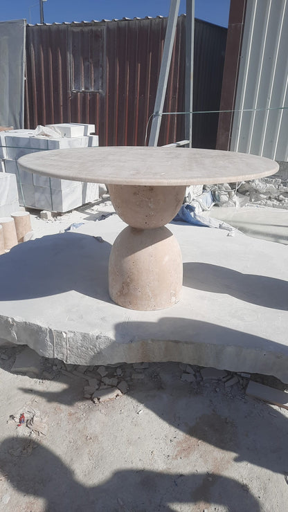 Handmade Round Travertine Dining Table | Sculptural Pedestal Base, Modern Furniture