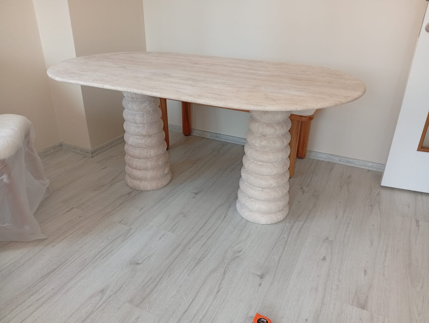 Handcrafted Natural Stone Dining Table, Organic Modern Travertine with Sculptural Pedestal Legs