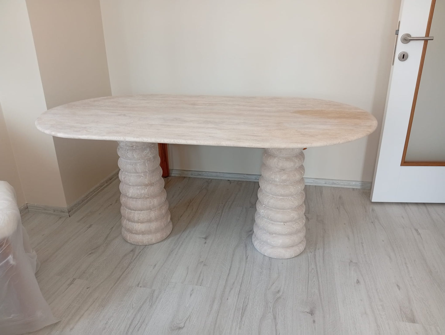 Handcrafted Natural Stone Dining Table, Organic Modern Travertine with Sculptural Pedestal Legs