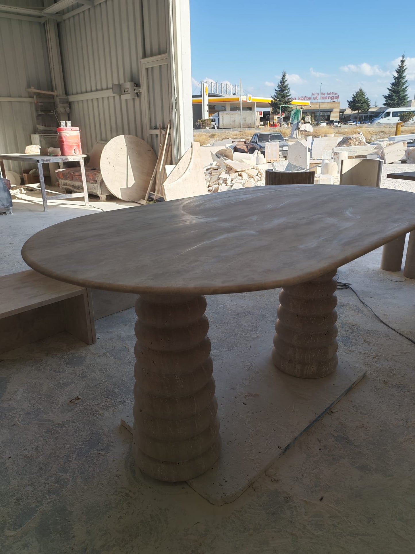 Handcrafted Natural Stone Dining Table, Organic Modern Travertine with Sculptural Pedestal Legs