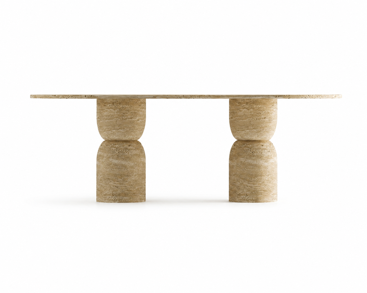 Handmade Travertine Oval Dining Table, Sculptural Pedestal Base, Organic Stone Furniture