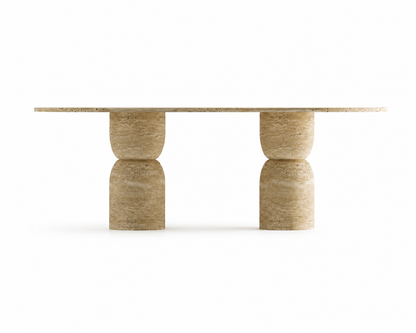 Handmade Travertine Oval Dining Table, Sculptural Pedestal Base, Organic Stone Furniture