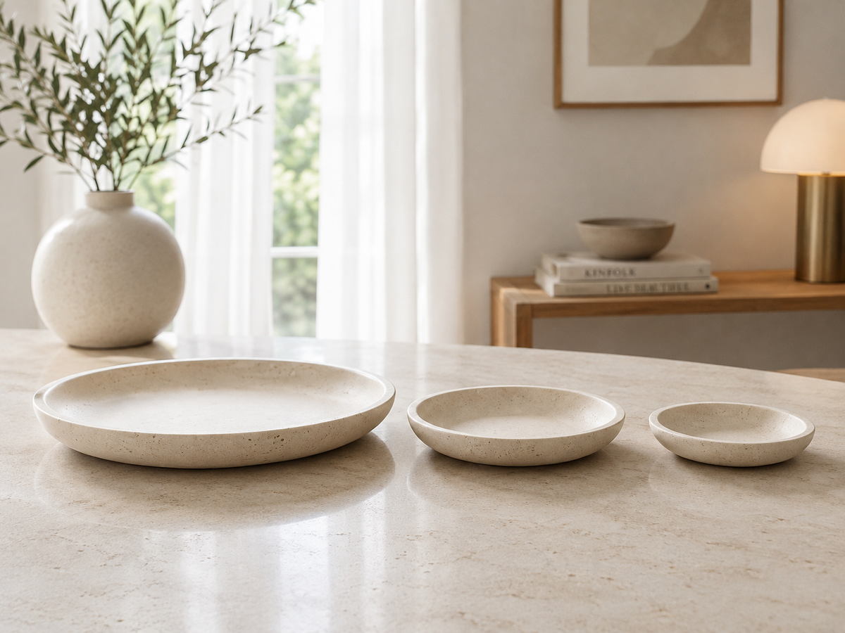 Handmade Travertine Plate Set of 3 | Natural Stone Serving Plates | Round Decorative Platters | Minimalist Tableware