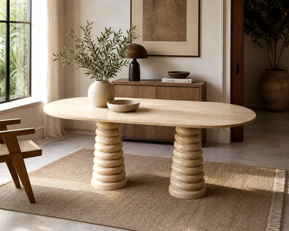 Handcrafted Natural Stone Dining Table, Organic Modern Travertine with Sculptural Pedestal Legs