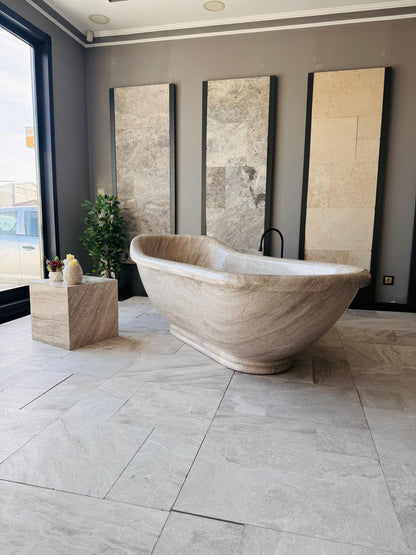 Handmade Beige Marble Bathtub | Natural Stone Freestanding Soaking Bath