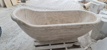 Handmade Beige Marble Bathtub | Natural Stone Freestanding Soaking Bath