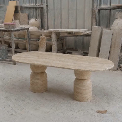Handmade Travertine Oval Dining Table, Sculptural Pedestal Base, Organic Stone Furniture