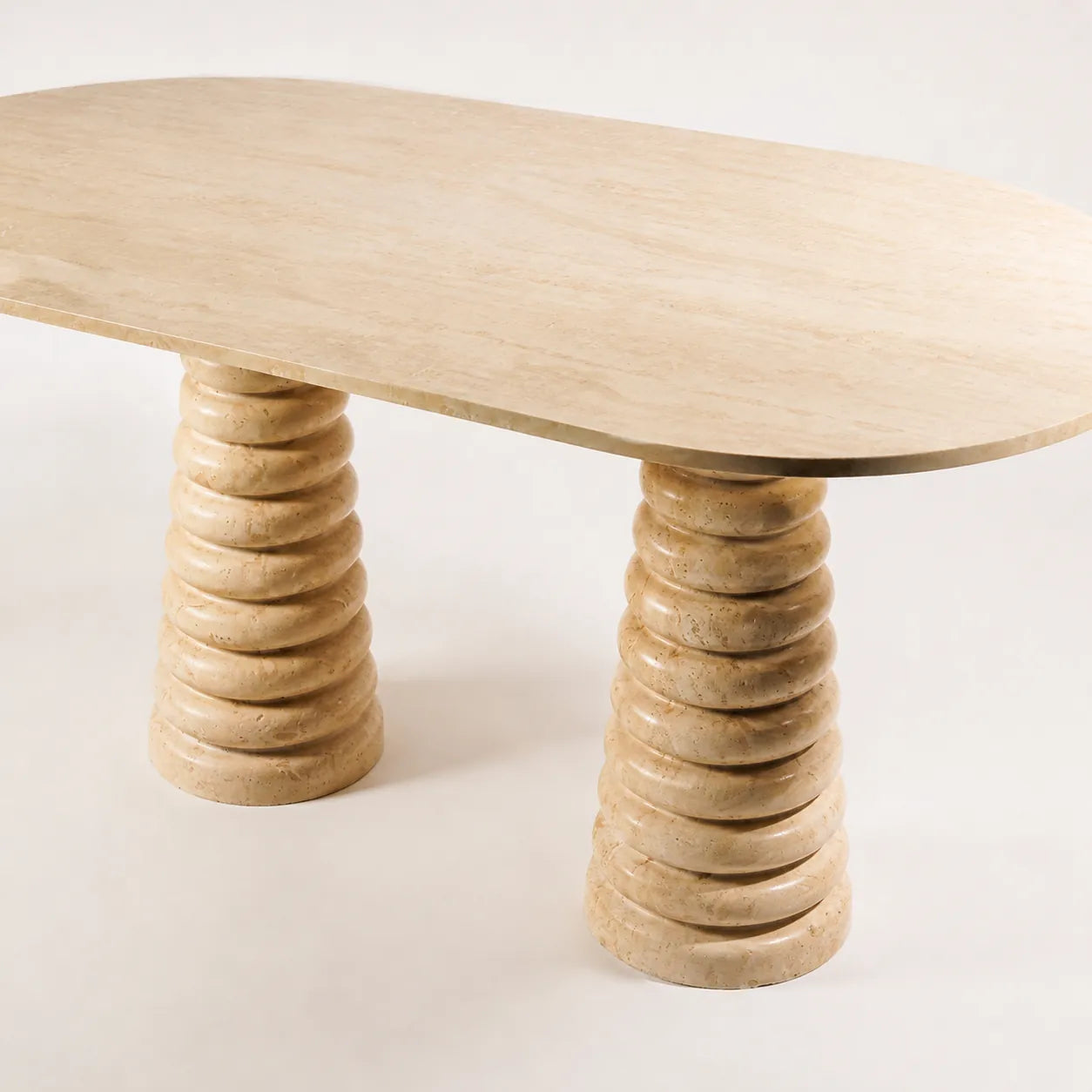 Handcrafted Natural Stone Dining Table, Organic Modern Travertine with Sculptural Pedestal Legs